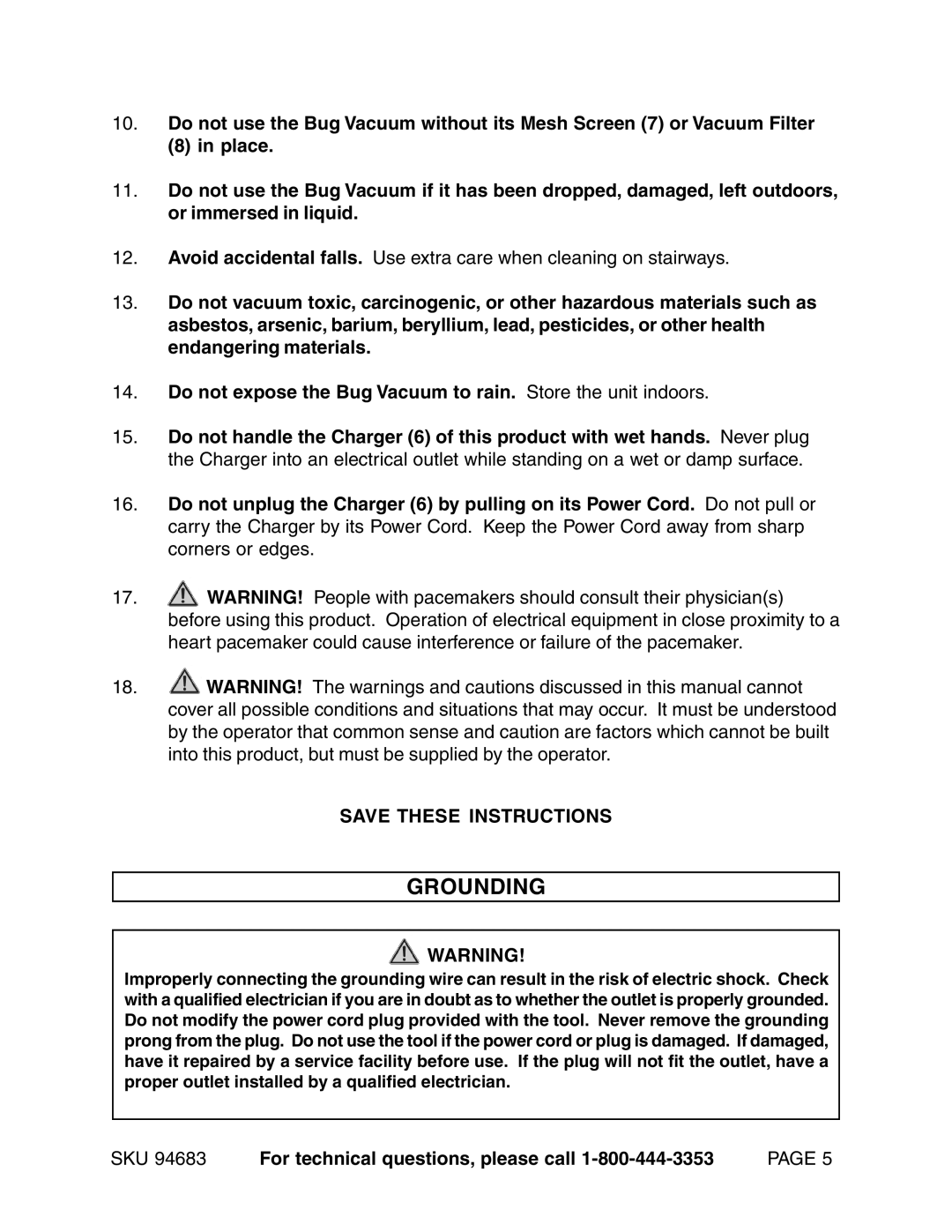 Harbor Freight Tools 94683 operating instructions Grounding 