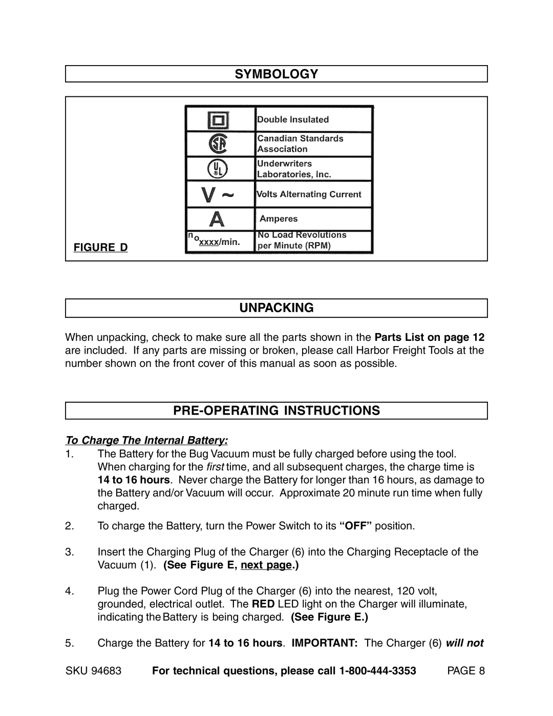 Harbor Freight Tools 94683 Symbology, Unpacking, PRE-OPERATING Instructions, To Charge The Internal Battery 