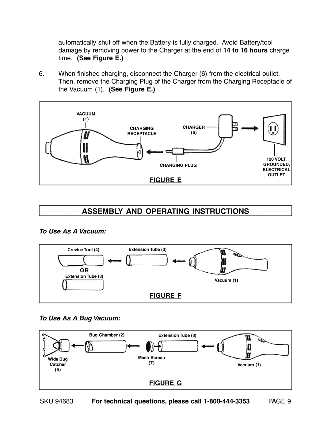 Harbor Freight Tools 94683 Assembly and Operating Instructions, To Use As a Vacuum, To Use As a Bug Vacuum 