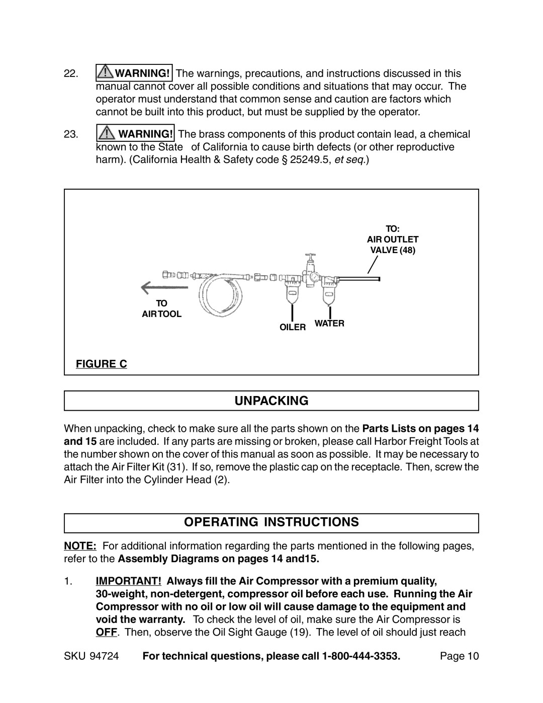 Harbor Freight Tools 94724 operating instructions Unpacking, Operating Instructions 