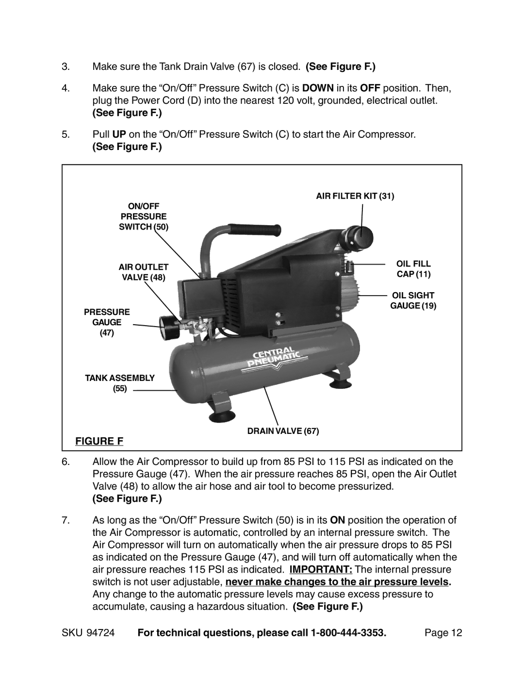 Harbor Freight Tools 94724 operating instructions See Figure F 