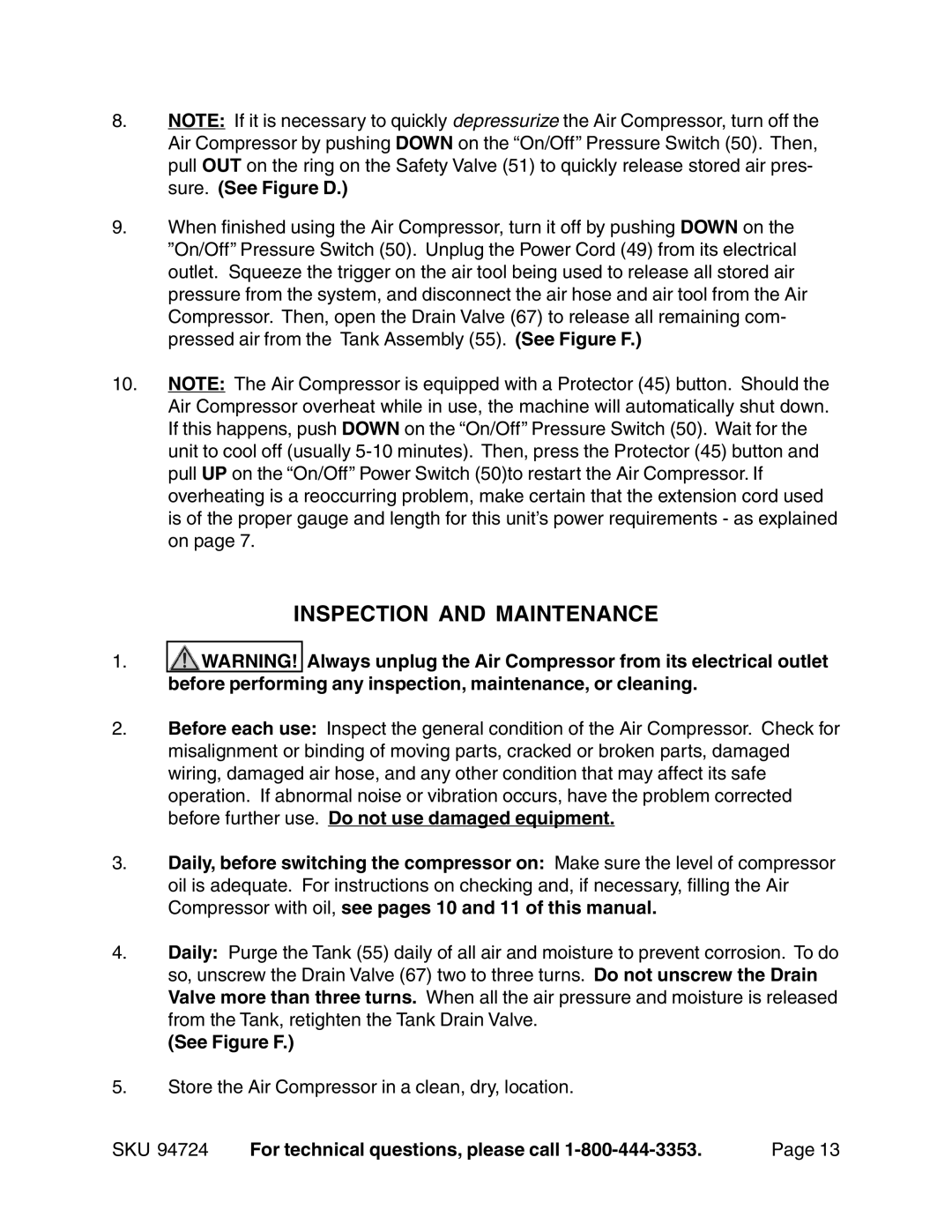 Harbor Freight Tools 94724 operating instructions Inspection and Maintenance 