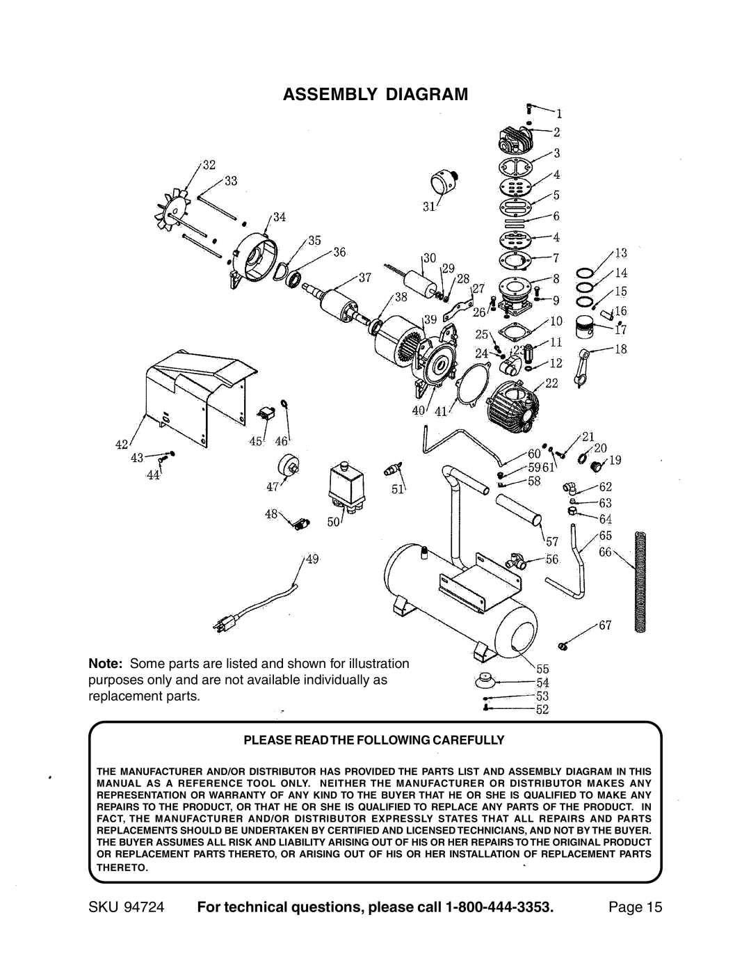 Harbor Freight Tools 94724 operating instructions Assembly Diagram, Please Readthe Following Carefully 