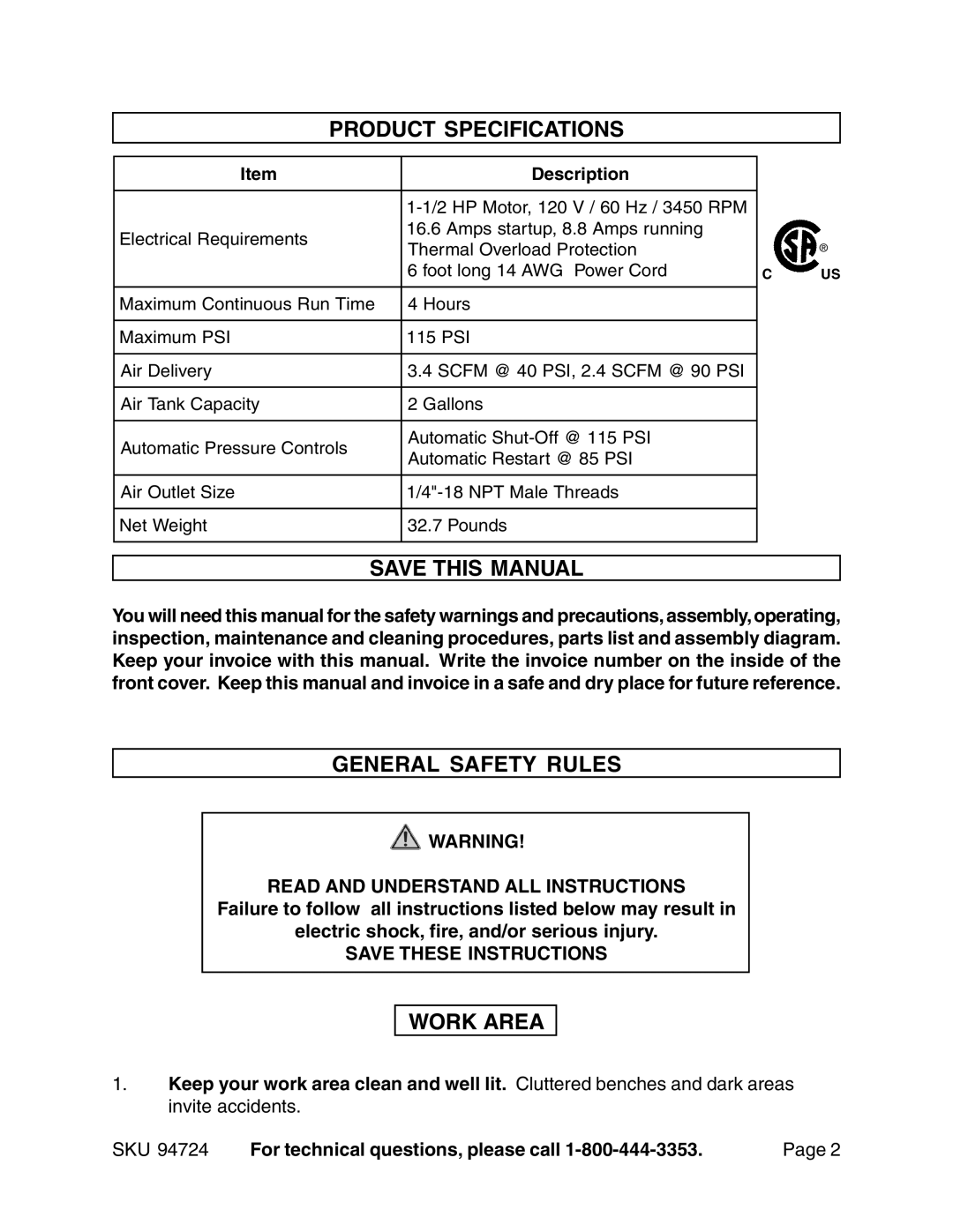 Harbor Freight Tools 94724 operating instructions Product Specifications, Save this Manual, General Safety Rules, Work Area 