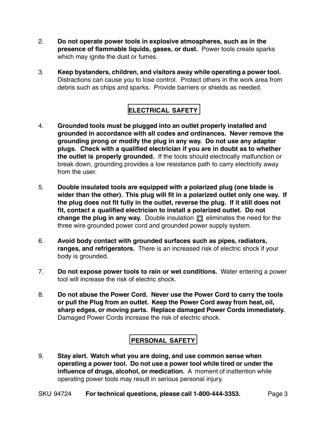 Harbor Freight Tools 94724 operating instructions Electrical Safety, Personal Safety 