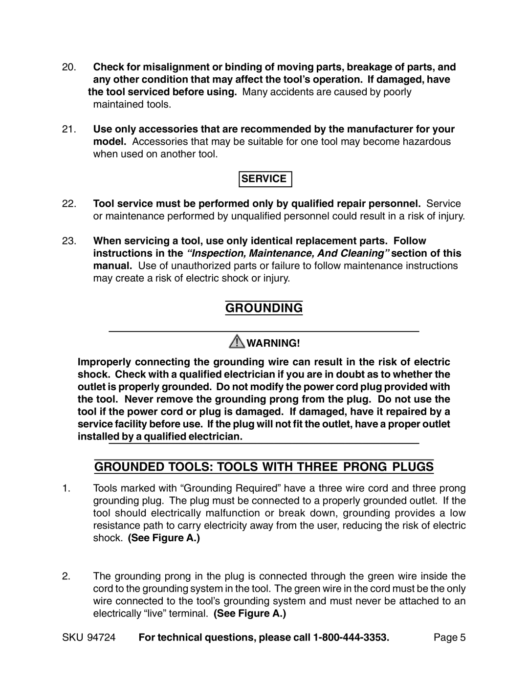 Harbor Freight Tools 94724 operating instructions Grounding, Grounded Tools Tools with Three Prong Plugs, Service 