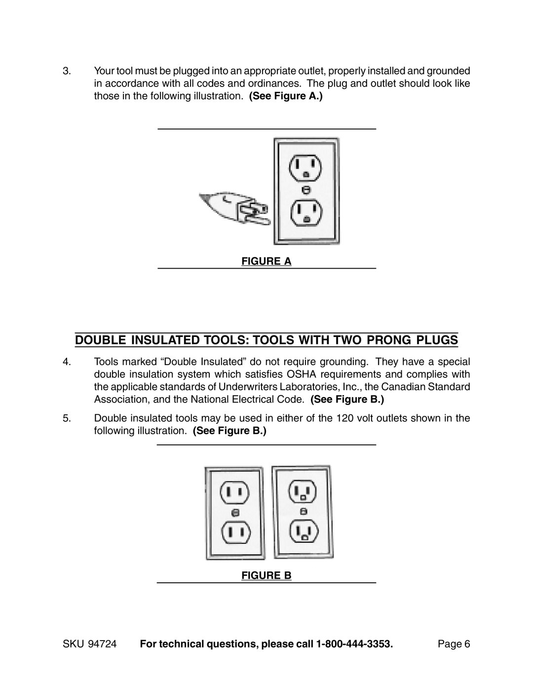 Harbor Freight Tools 94724 operating instructions Double Insulated Tools Tools with TWO Prong Plugs, Figure a 