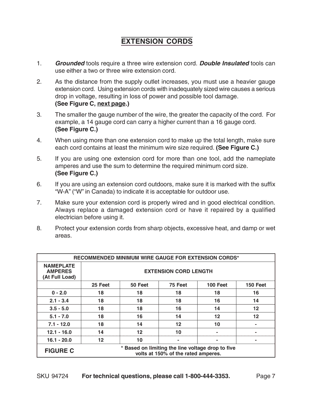 Harbor Freight Tools 94724 operating instructions Extension Cords, See Figure C, next 