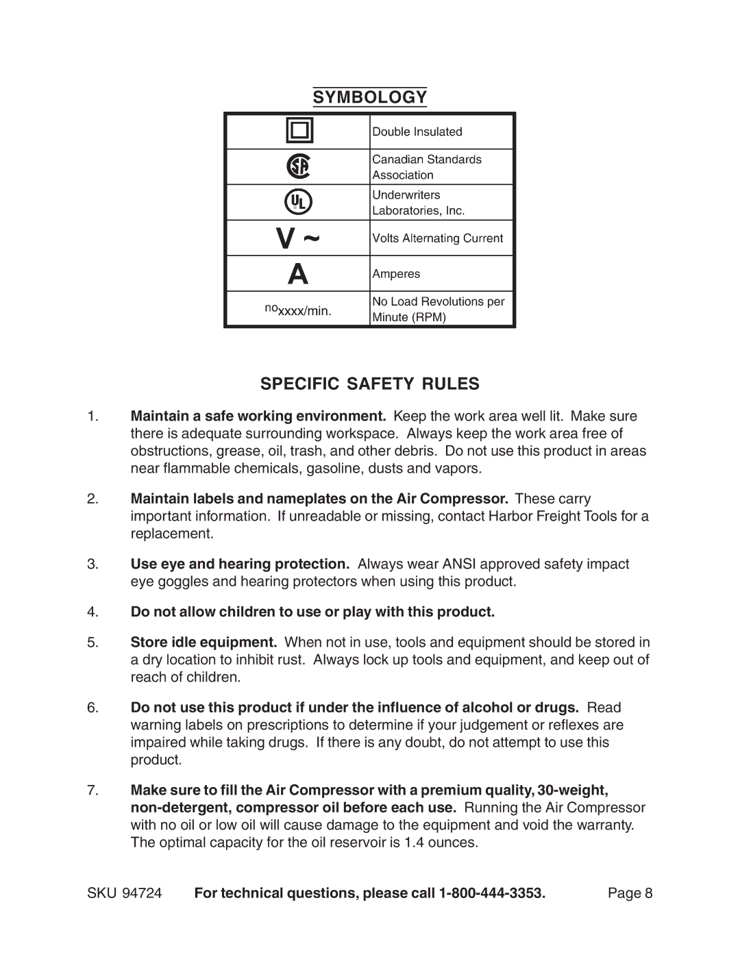 Harbor Freight Tools 94724 Symbology Specific Safety Rules, Do not allow children to use or play with this product 