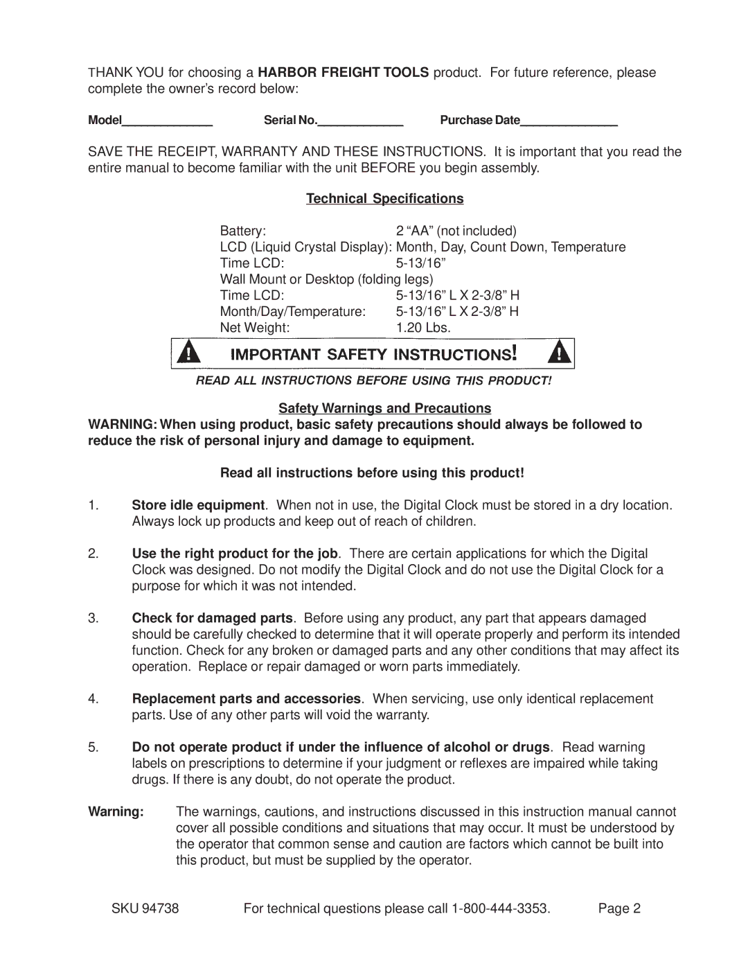 Harbor Freight Tools 94738 manual Technical Specifications 