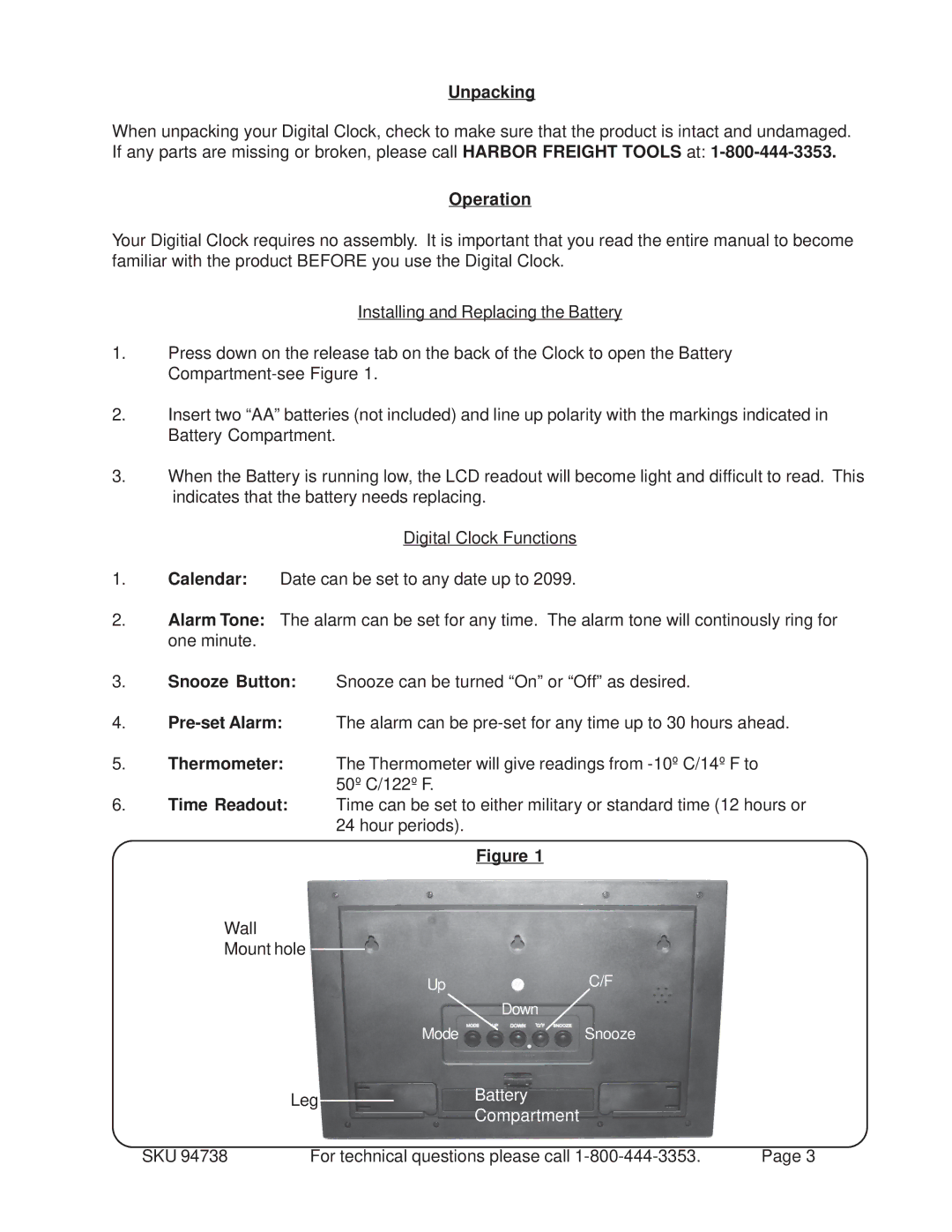 Harbor Freight Tools 94738 manual Unpacking, Operation 