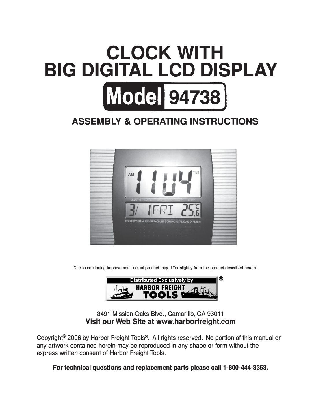 Harbor Freight Tools 94738 manual Clock With Big Digital Lcd Display, Assembly & Operating Instructions 