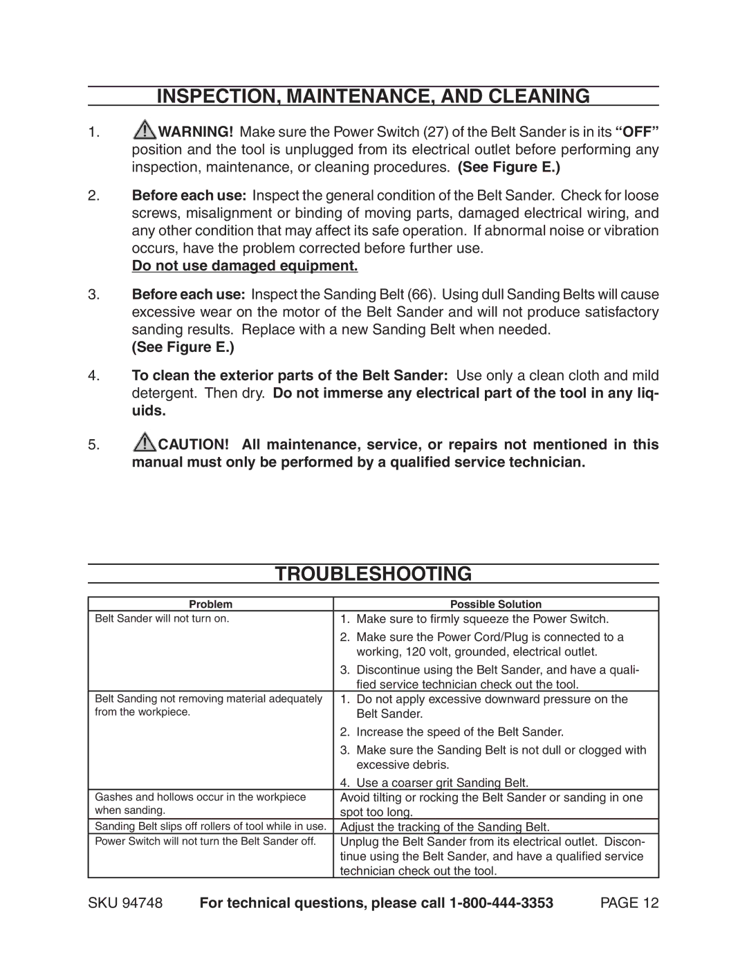 Harbor Freight Tools 94748 manual INSPECTION, MAINTENANCE, and Cleaning, Troubleshooting, Do not use damaged equipment 