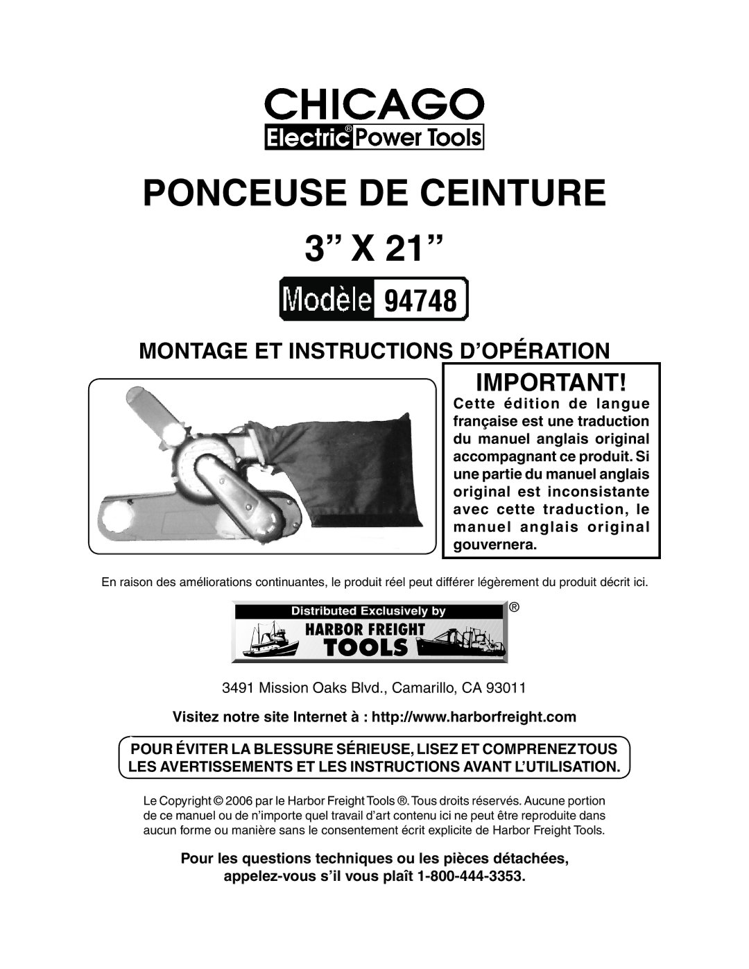 Harbor Freight Tools 94748 manual Ponceuse DE Ceinture 