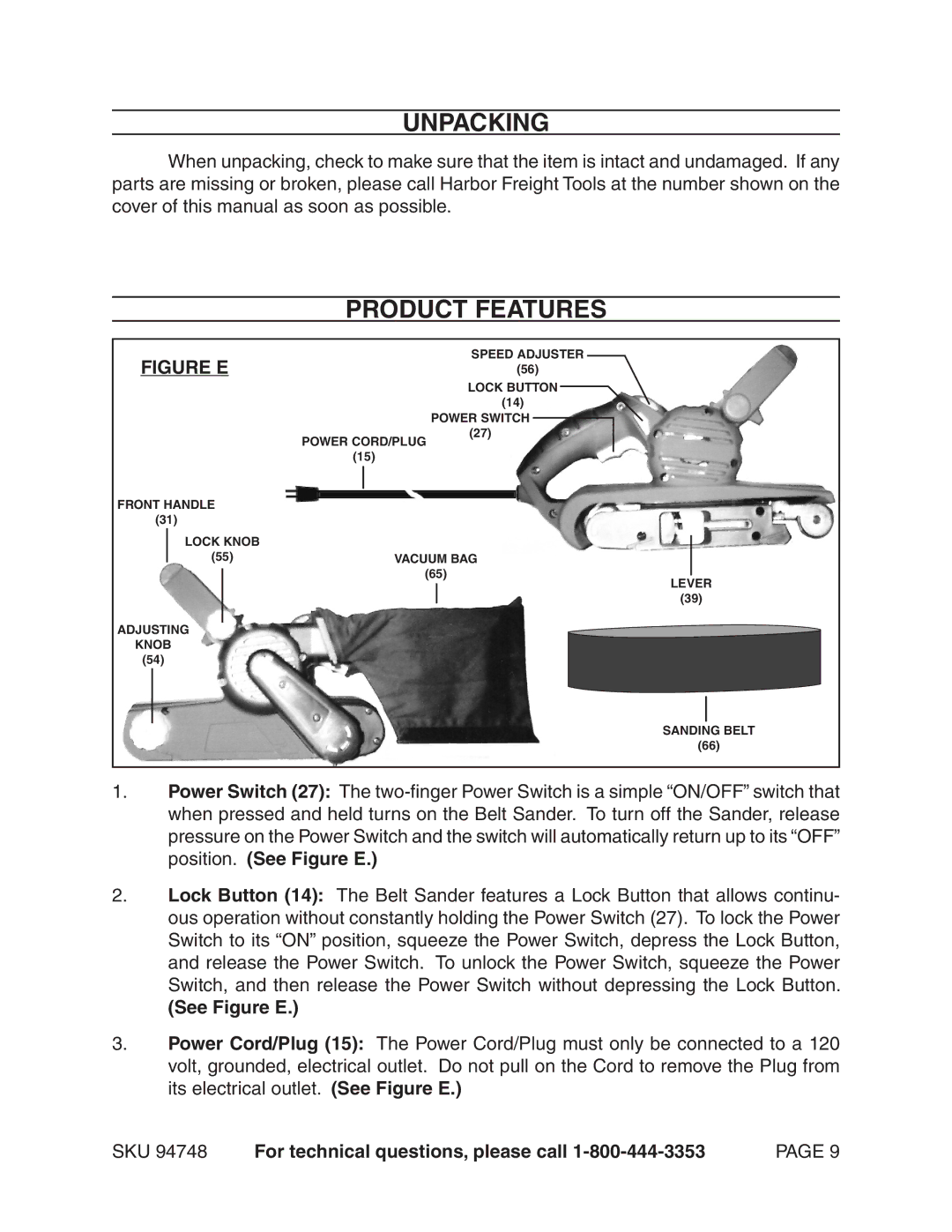 Harbor Freight Tools 94748 manual Unpacking, Product Features, See Figure E 