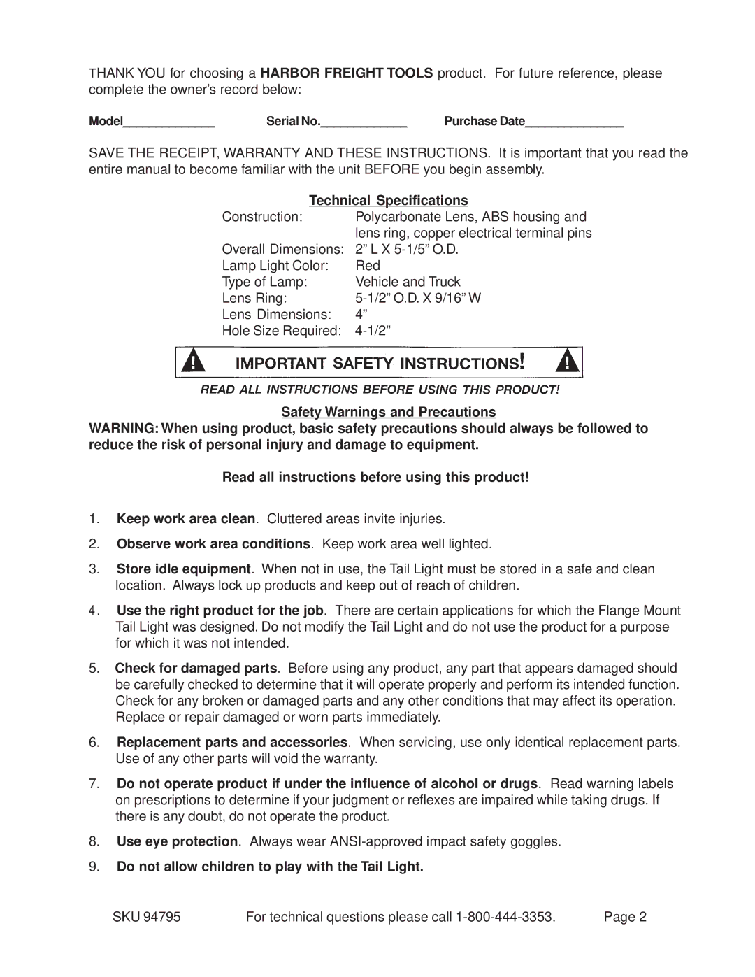 Harbor Freight Tools 94795 Technical Specifications, Do not allow children to play with the Tail Light 