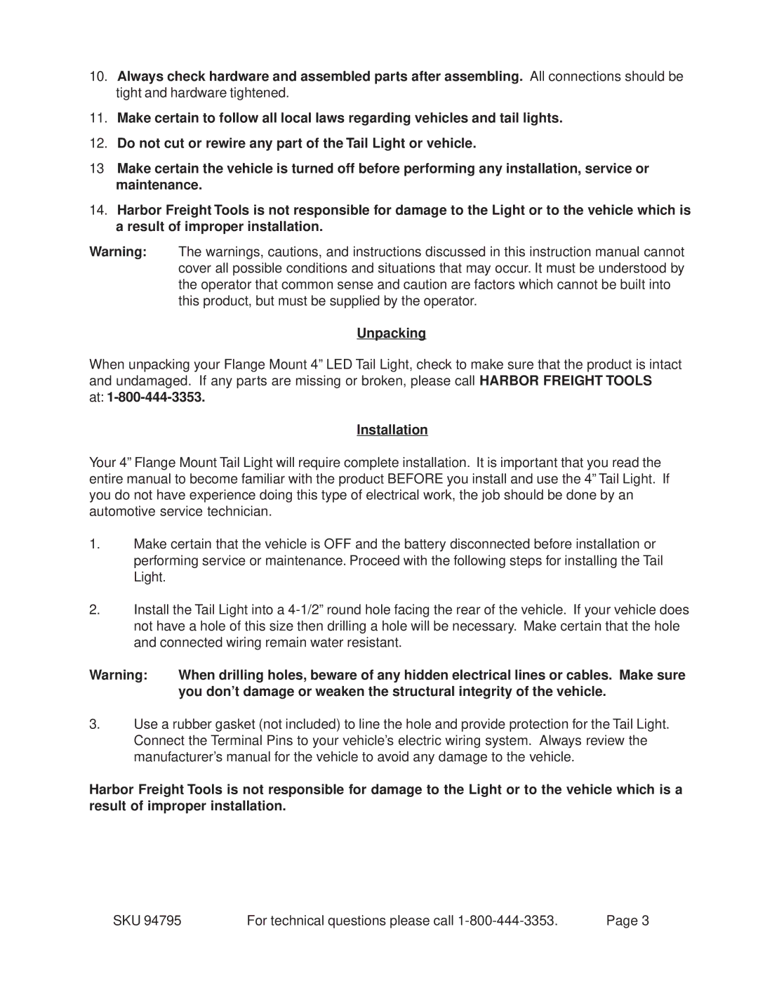 Harbor Freight Tools 94795 operating instructions SKU For technical questions please call 