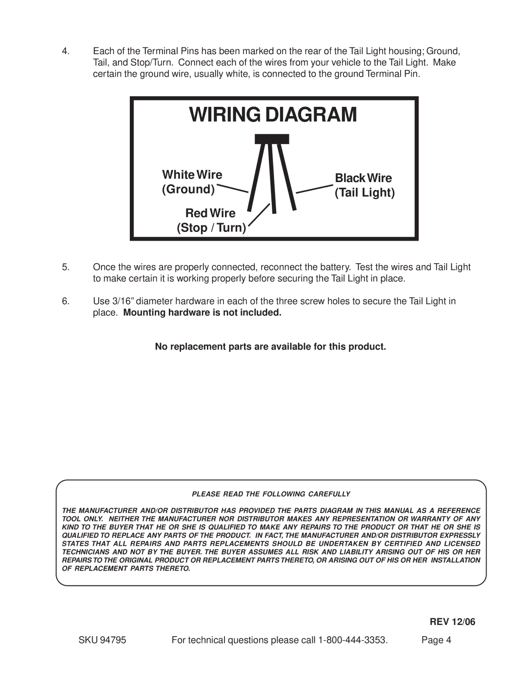 Harbor Freight Tools 94795 operating instructions No replacement parts are available for this product, REV 12/06 