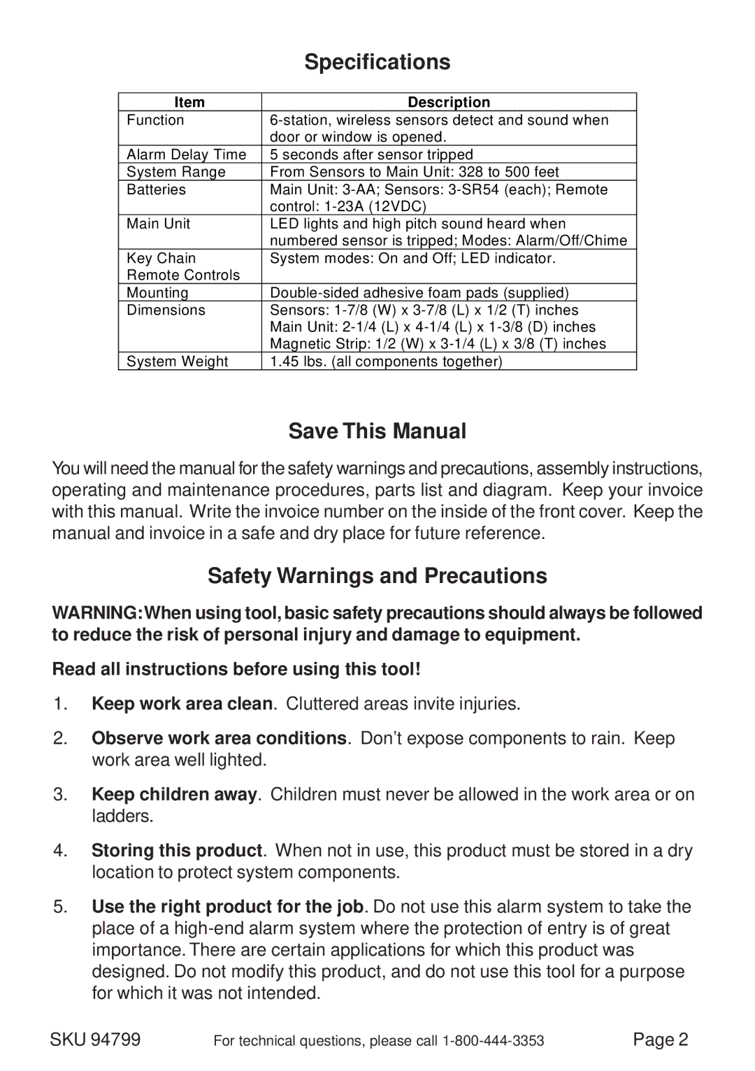 Harbor Freight Tools 94799 manual Specifications, Save This Manual, Safety Warnings and Precautions, Description 