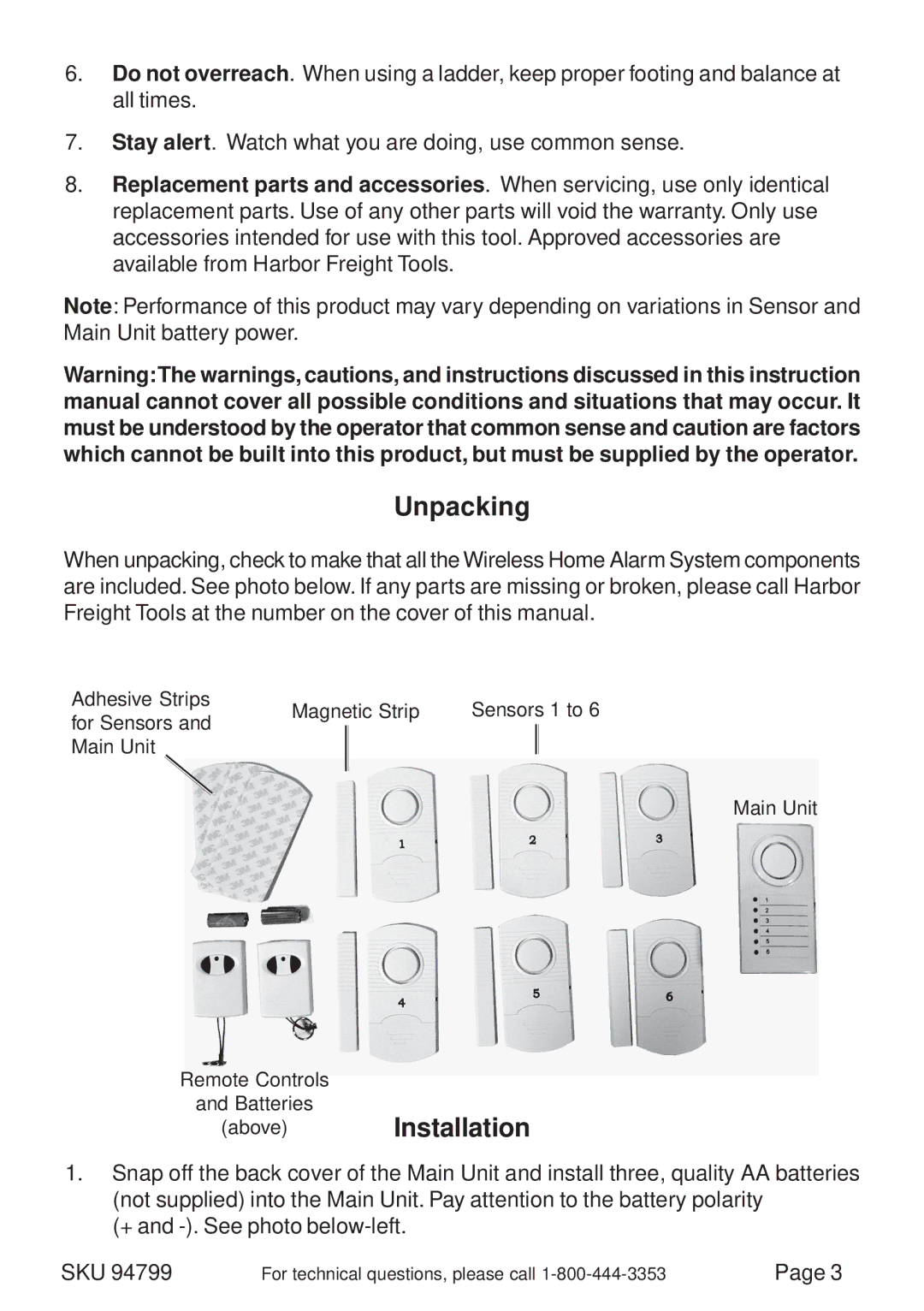 Harbor Freight Tools 94799 manual Unpacking, Installation, Adhesive Strips Magnetic Strip, For Sensors 