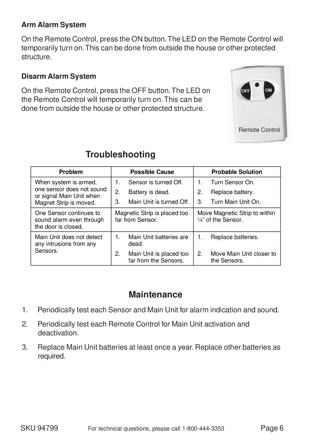 Harbor Freight Tools 94799 manual Troubleshooting, Maintenance, Arm Alarm System, Disarm Alarm System 