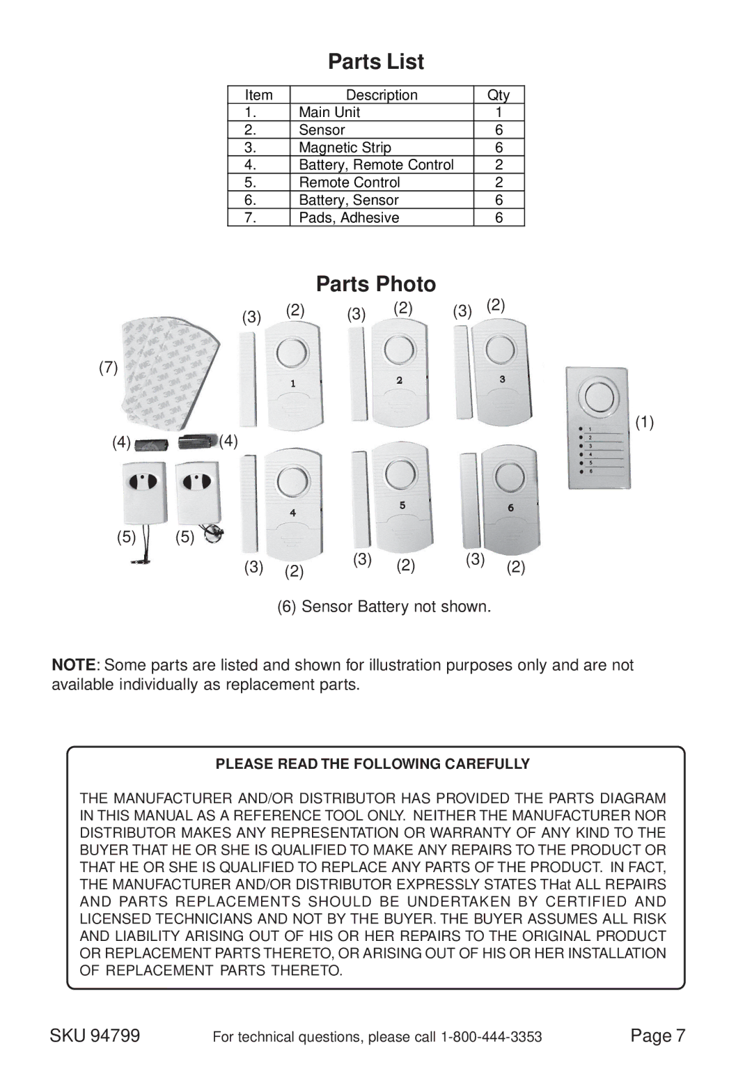 Harbor Freight Tools 94799 manual Parts List, Parts Photo, Sensor Battery not shown 