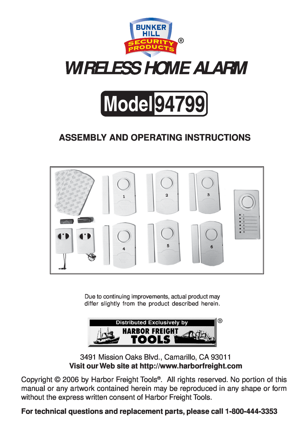 Harbor Freight Tools 94799 manual Assembly And Operating Instructions, Wireless Home Alarm 