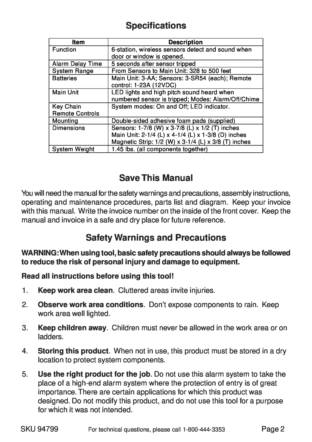 Harbor Freight Tools 94799 manual Specifications, Save This Manual, Safety Warnings and Precautions 