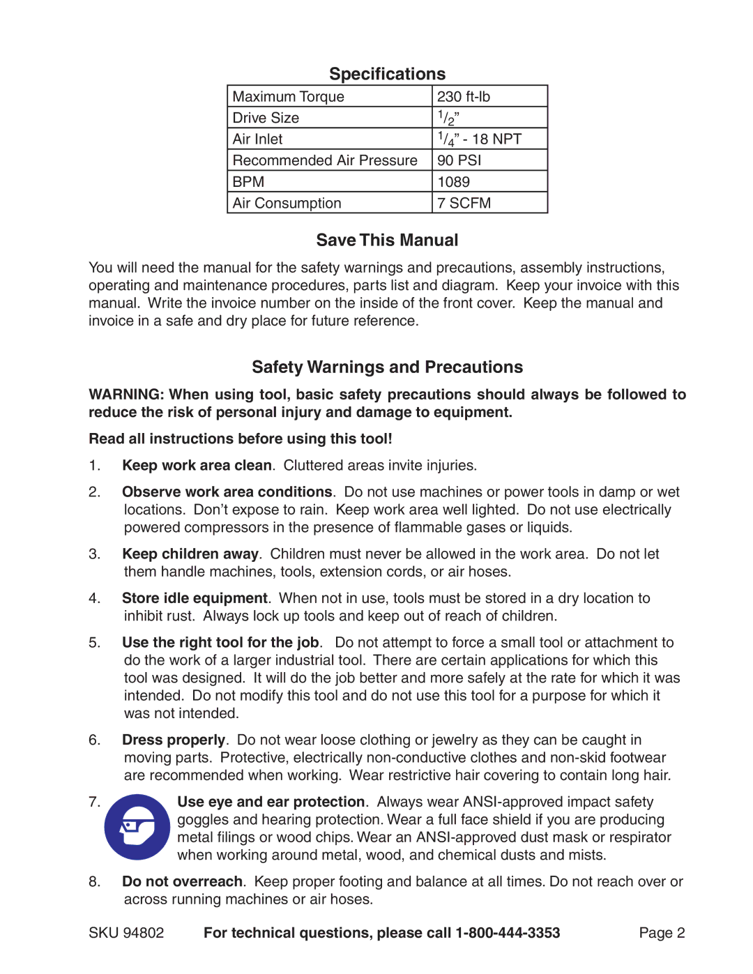 Harbor Freight Tools 94802 operating instructions Specifications, Save This Manual, Safety Warnings and Precautions 