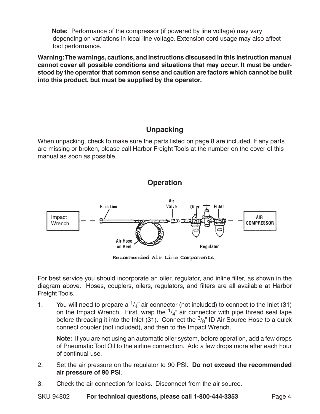 Harbor Freight Tools 94802 operating instructions Unpacking, Operation 