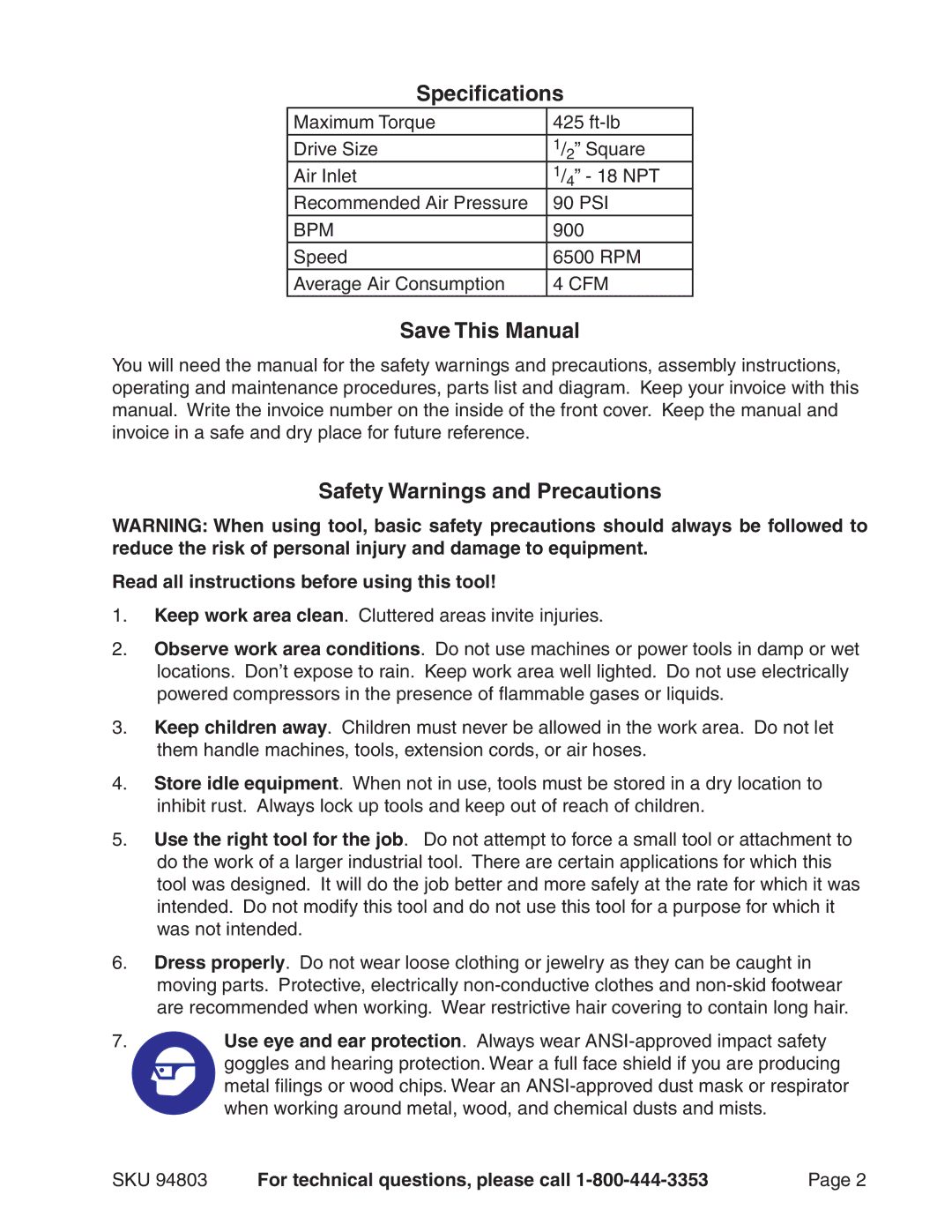 Harbor Freight Tools 94803 operating instructions Specifications, Save This Manual, Safety Warnings and Precautions 