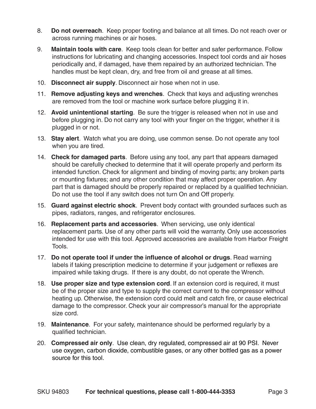 Harbor Freight Tools 94803 operating instructions SKU For technical questions, please call 