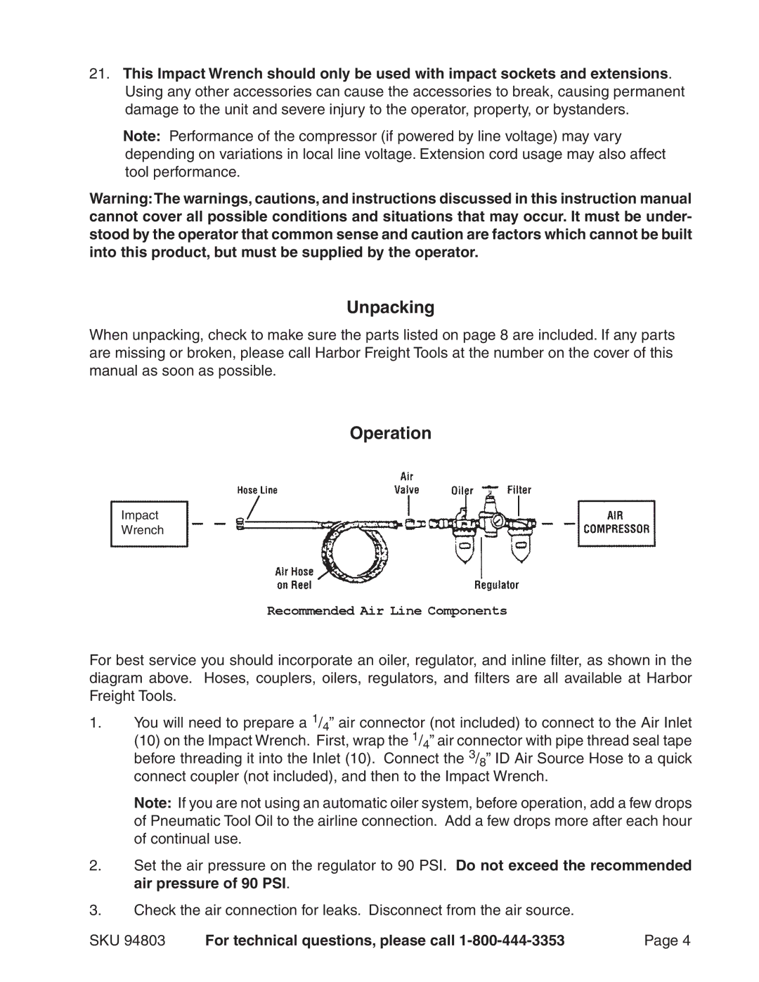 Harbor Freight Tools 94803 operating instructions Unpacking, Operation 