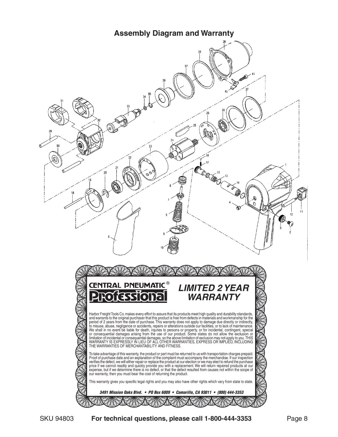 Harbor Freight Tools 94803 operating instructions Limited 2 Year WarrantY, Assembly Diagram and Warranty 