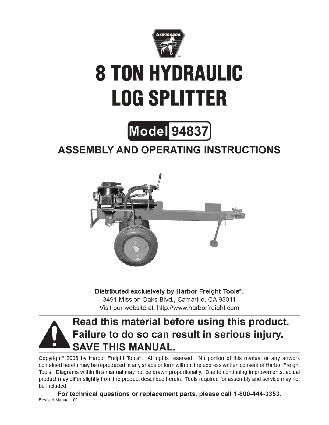 Harbor Freight Tools 94837 manual TON Hydraulic LOG Splitter 