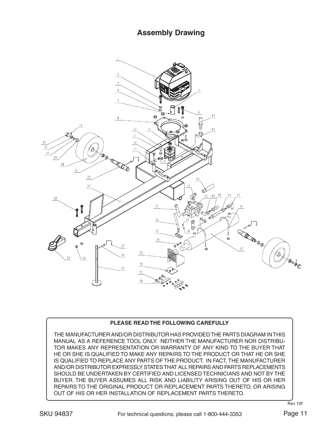 Harbor Freight Tools 94837 manual Assembly Drawing, Please Read the Following Carefully 