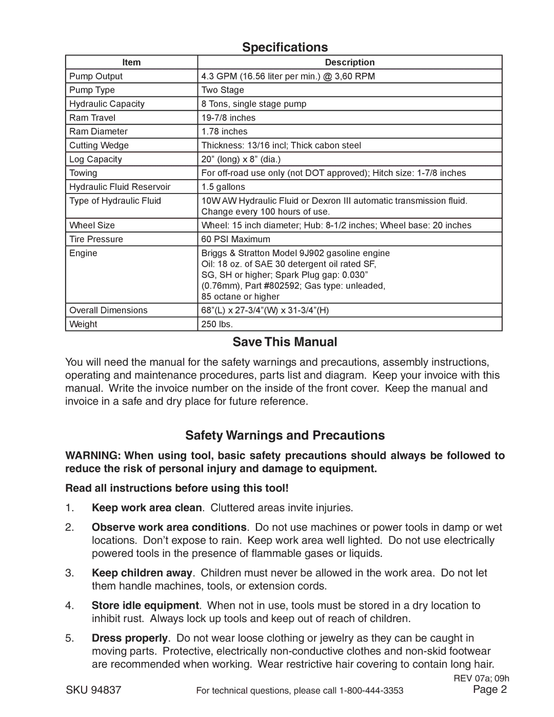 Harbor Freight Tools 94837 manual Specifications, Save This Manual, Safety Warnings and Precautions 