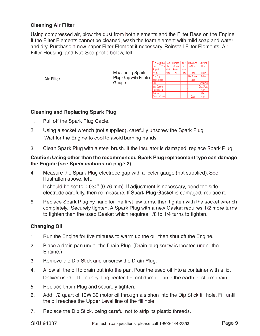 Harbor Freight Tools 94837 manual Cleaning Air Filter, Cleaning and Replacing Spark Plug, Changing Oil 