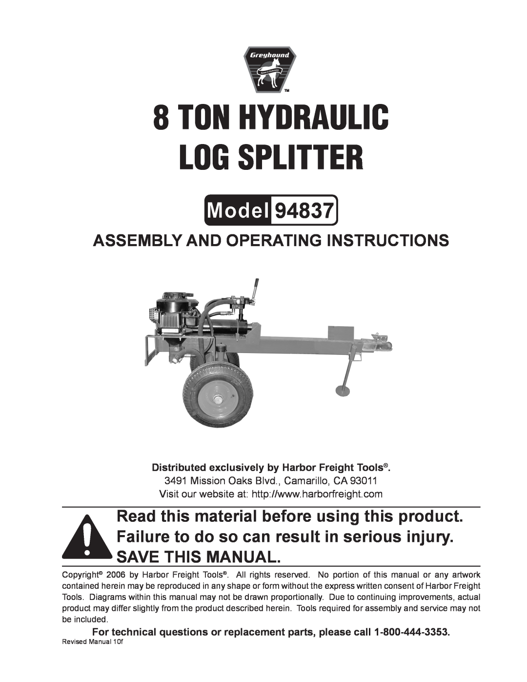 Harbor Freight Tools 94837 manual Ton Hydraulic Log Splitter, Assembly And Operating Instructions 