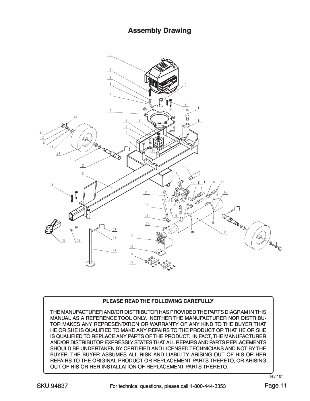 Harbor Freight Tools 94837 manual Assembly Drawing, Page, Please Read The Following Carefully 