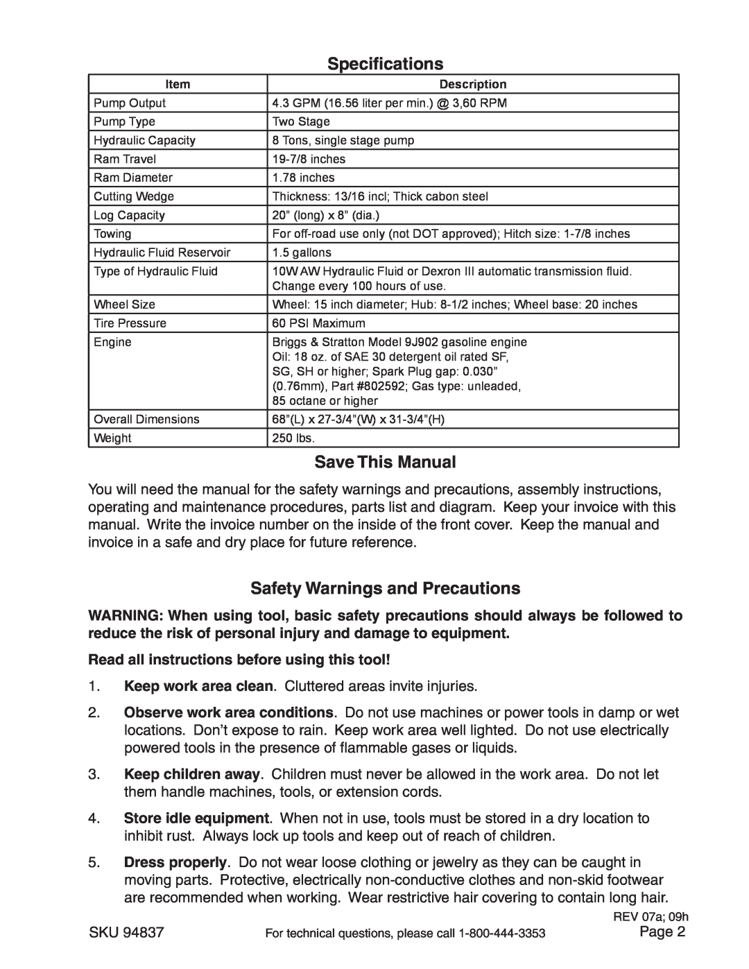 Harbor Freight Tools 94837 manual Specifications, Save This Manual, Safety Warnings and Precautions 