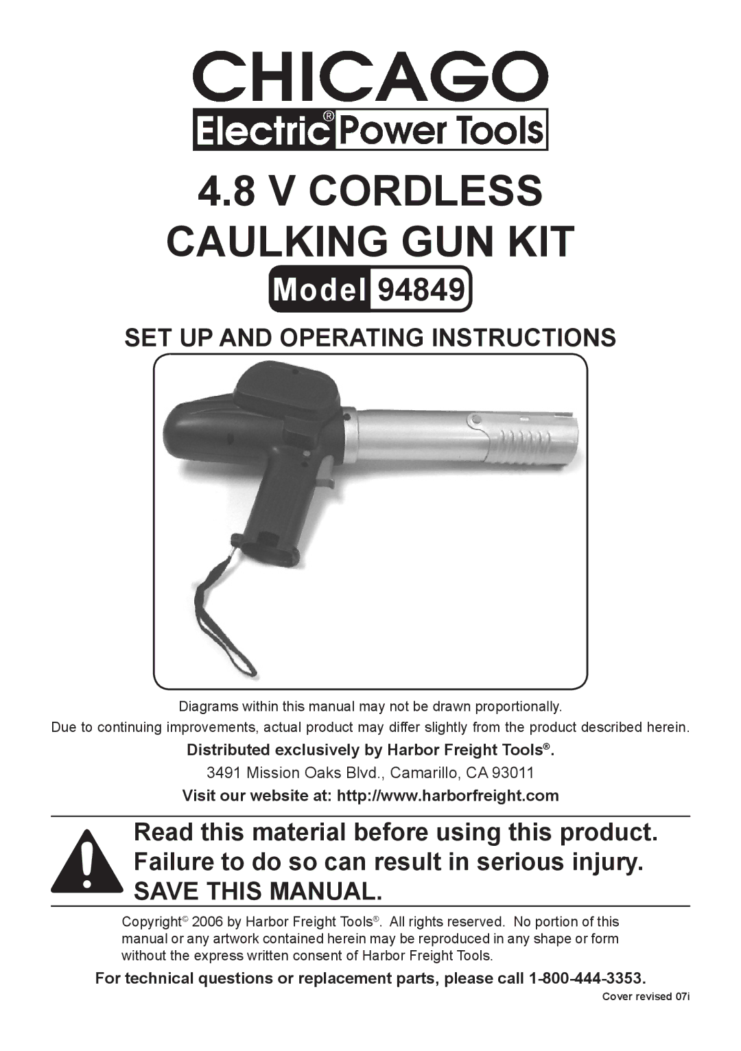 Harbor Freight Tools 94849 operating instructions Cordless Caulking Gun Kit 