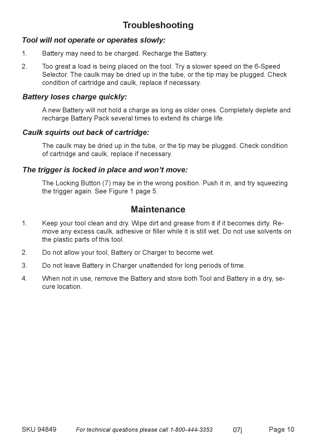 Harbor Freight Tools 94849 operating instructions Troubleshooting, Maintenance 