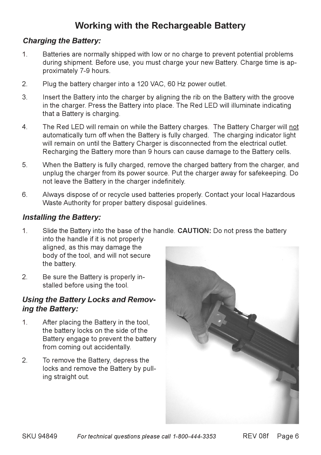 Harbor Freight Tools 94849 Working with the Rechargeable Battery, Charging the Battery, Installing the Battery 