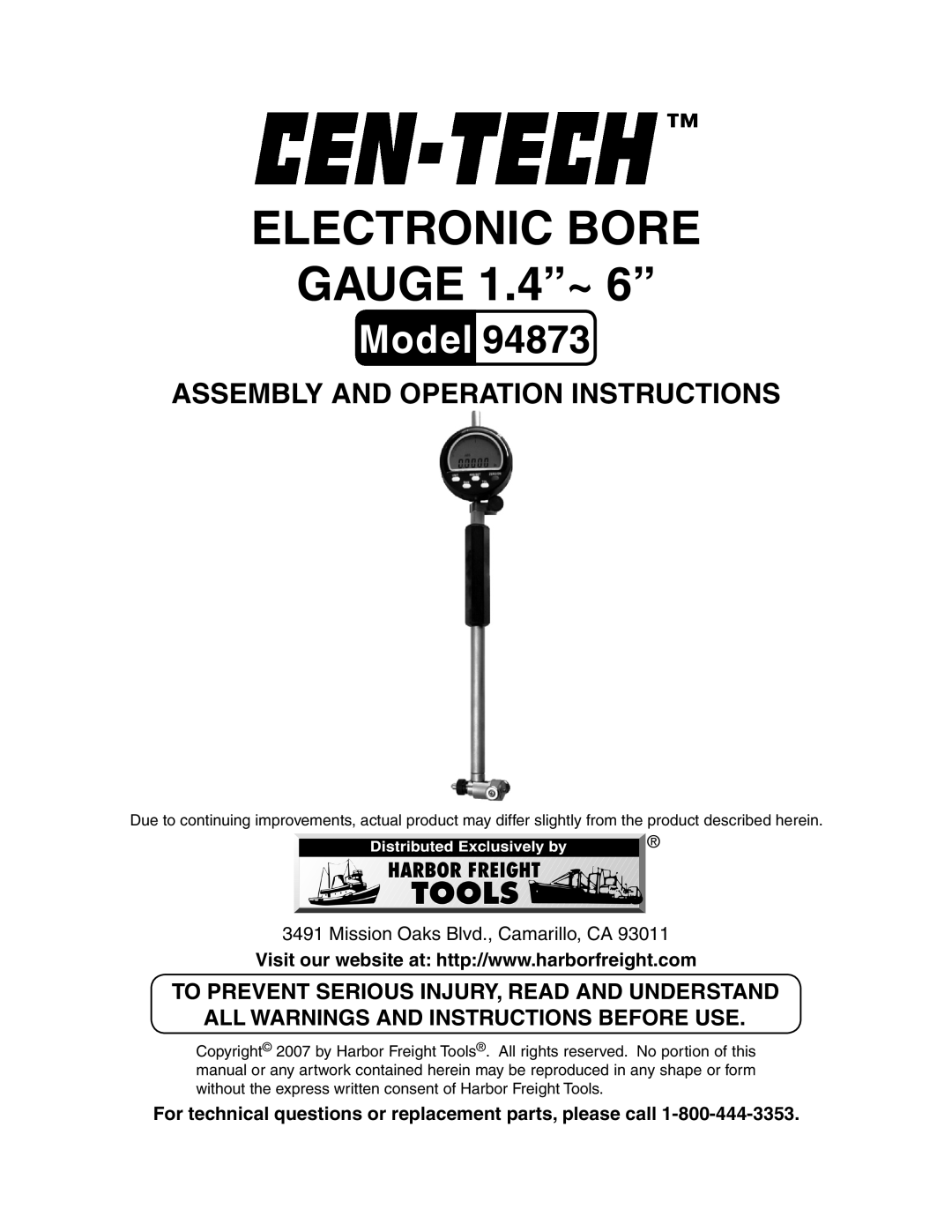 Harbor Freight Tools 94873 manual Electronic bore Gauge 1.4~ 