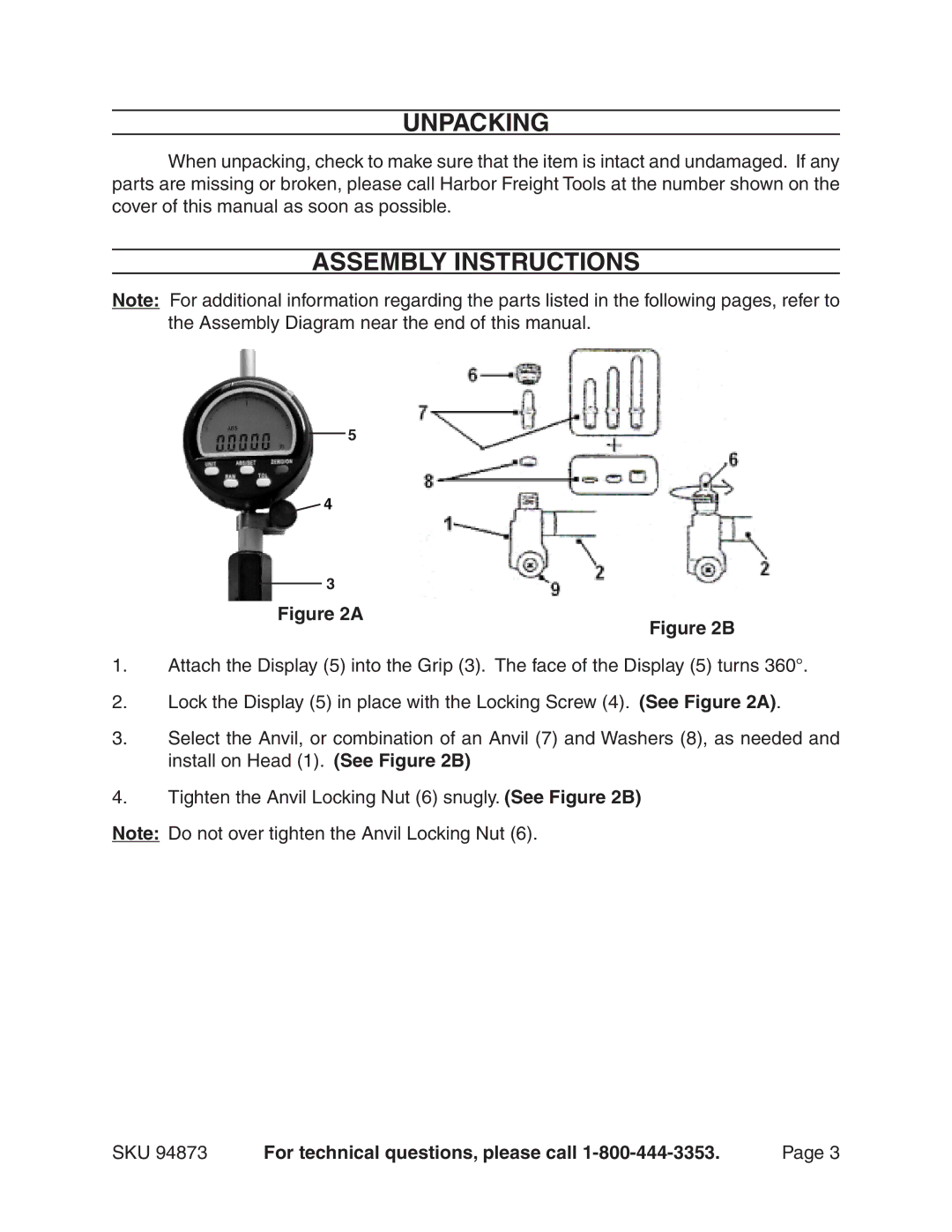 Harbor Freight Tools 94873 manual Unpacking, Assembly Instructions 