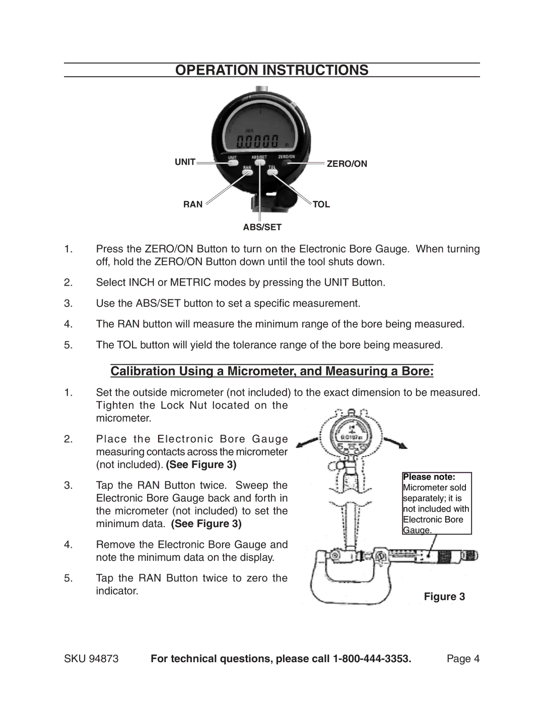 Harbor Freight Tools 94873 manual Operation Instructions, Calibration Using a Micrometer, and Measuring a Bore 