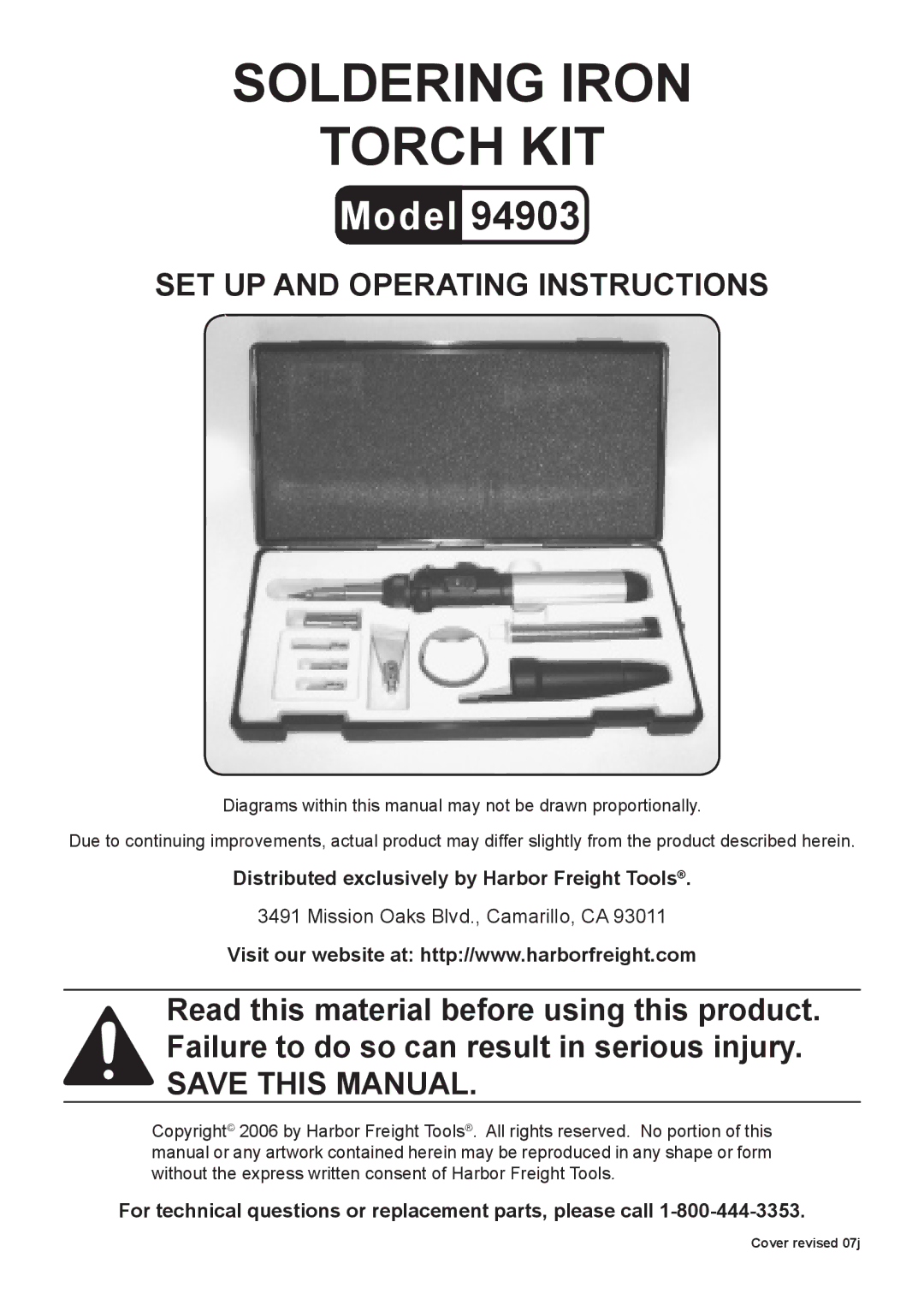 Harbor Freight Tools 94903 operating instructions Distributed exclusively by Harbor Freight Tools 