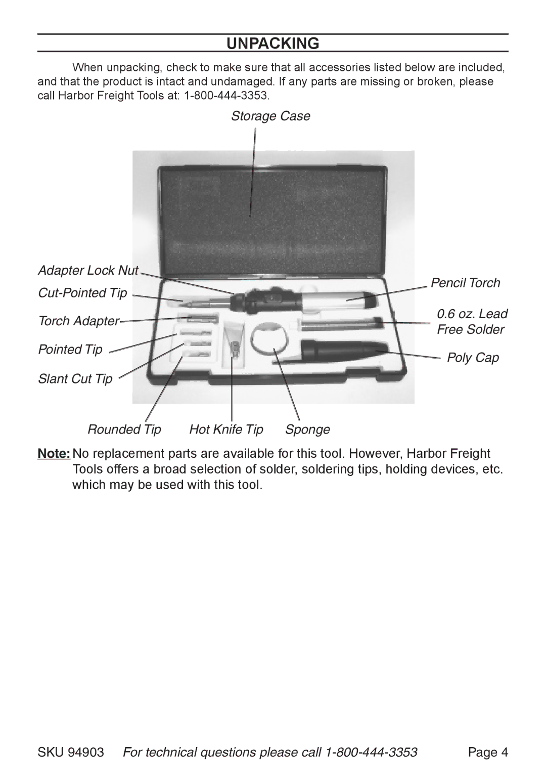 Harbor Freight Tools 94903 operating instructions Unpacking 