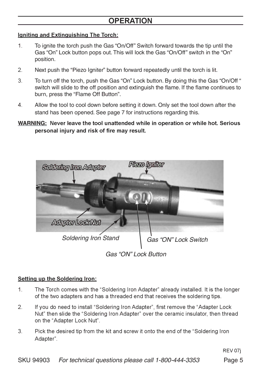 Harbor Freight Tools 94903 operating instructions Operation, Soldering Iron Stand Gas on Lock Switch Gas on Lock Button 